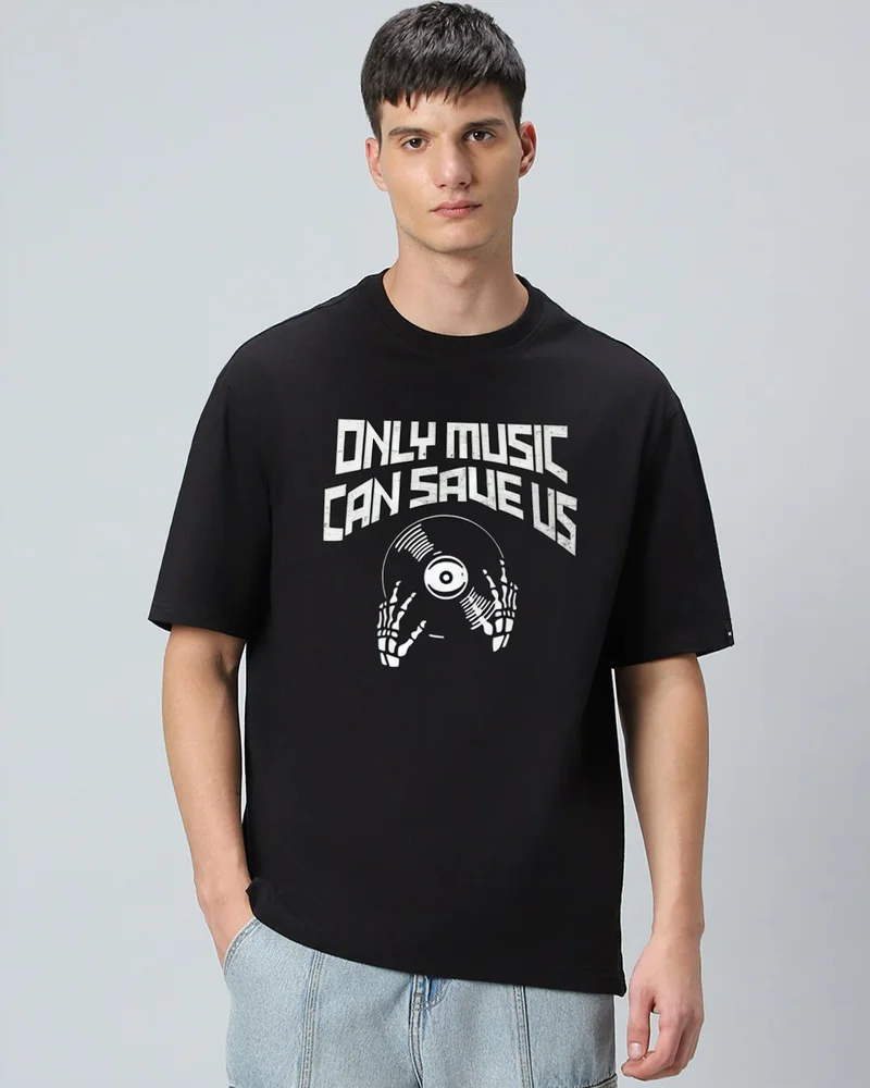 bewakoof Men's Jet Black Only Music Graphic Printed Oversized T-shirt